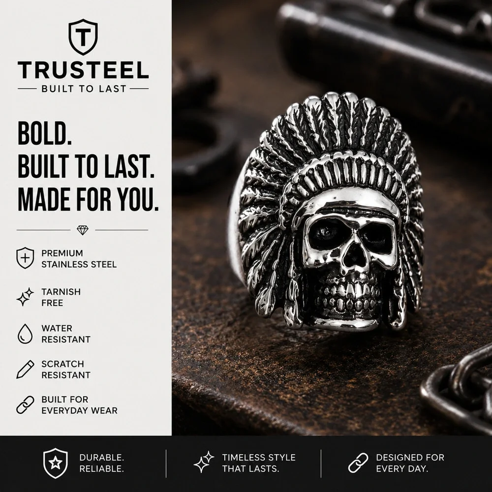 Men’s 316L Stainless Steel biker Indian skull biker skull Ring Size 9
